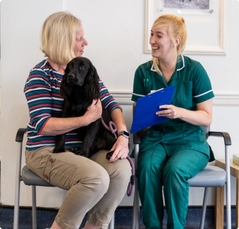 Client with dog and veterinary nurse